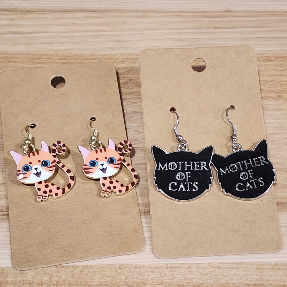 Handmade Mother Of Cats & Tan And Black Tiger Cat With Spots Earrings Set